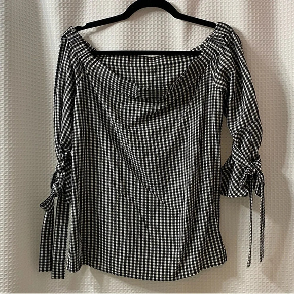 NWOT H&M Gingham Off The Shoulder Tie Sleeve Top - Picture 5 of 5